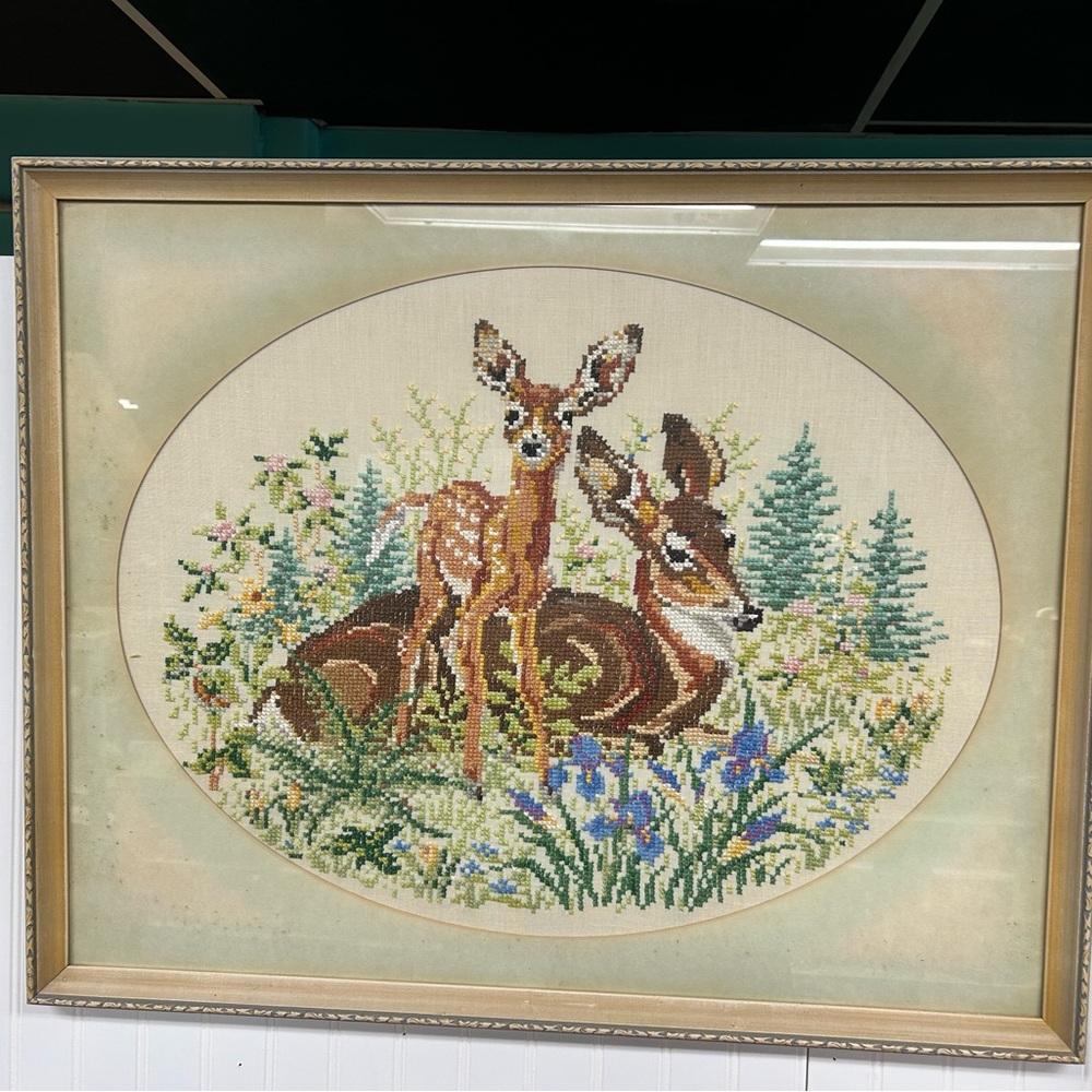 Large deer fawn cross stitch picture vintage framed kitschy